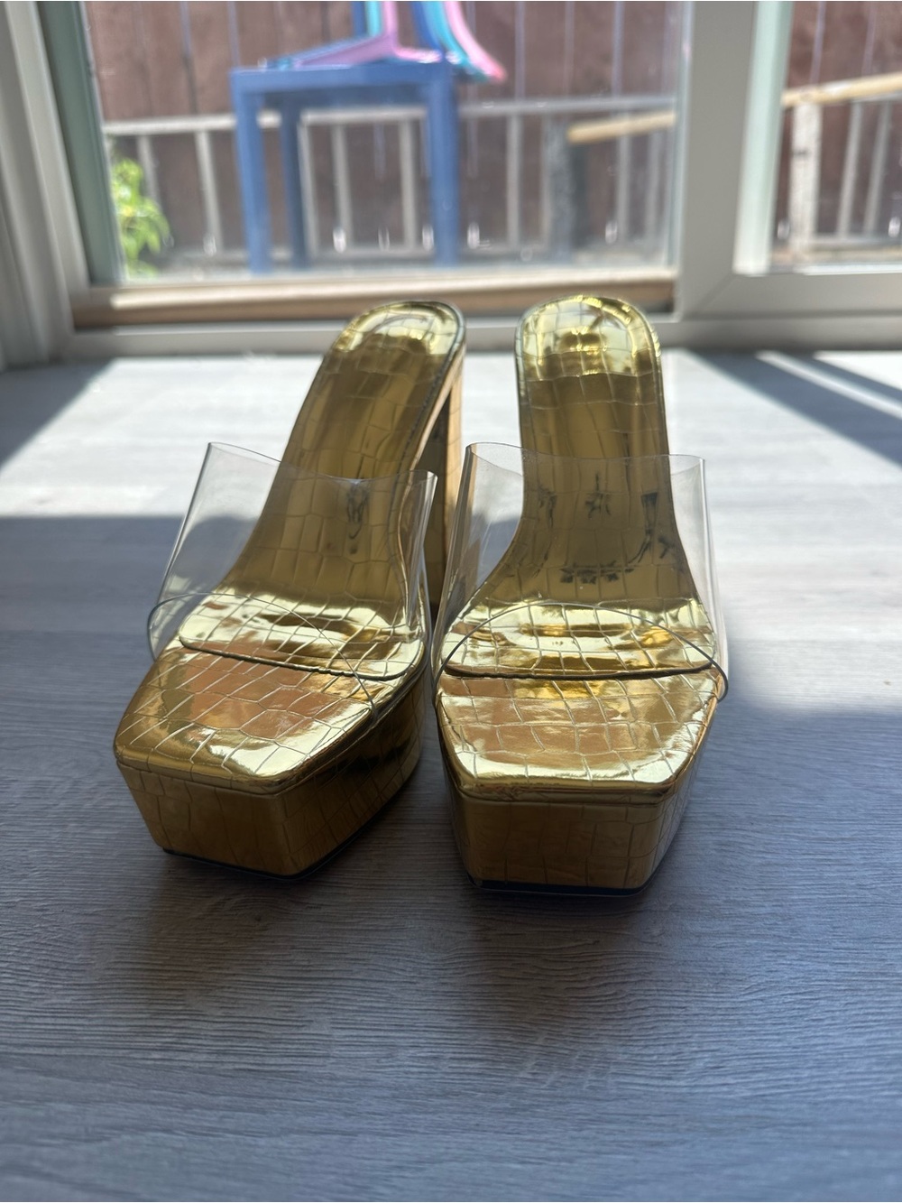 Gold Croc-Embossed Platform Slide Heels with Clear Strap